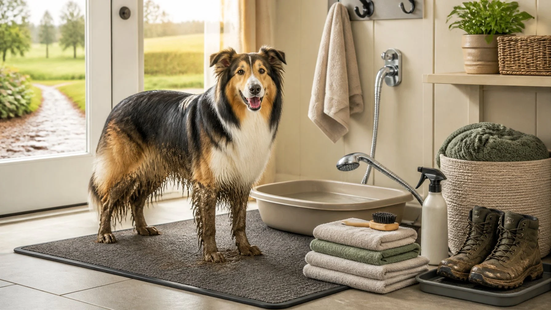 A muddy long-haired dog stands on a washable mat beside a tidy cleanup station with towels, a basin, a brush, and muddy boots.