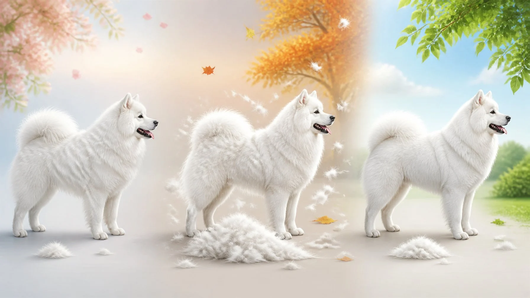 A fluffy Samoyed sheds increasing amounts of white undercoat across three stages before its coat becomes tidy again.