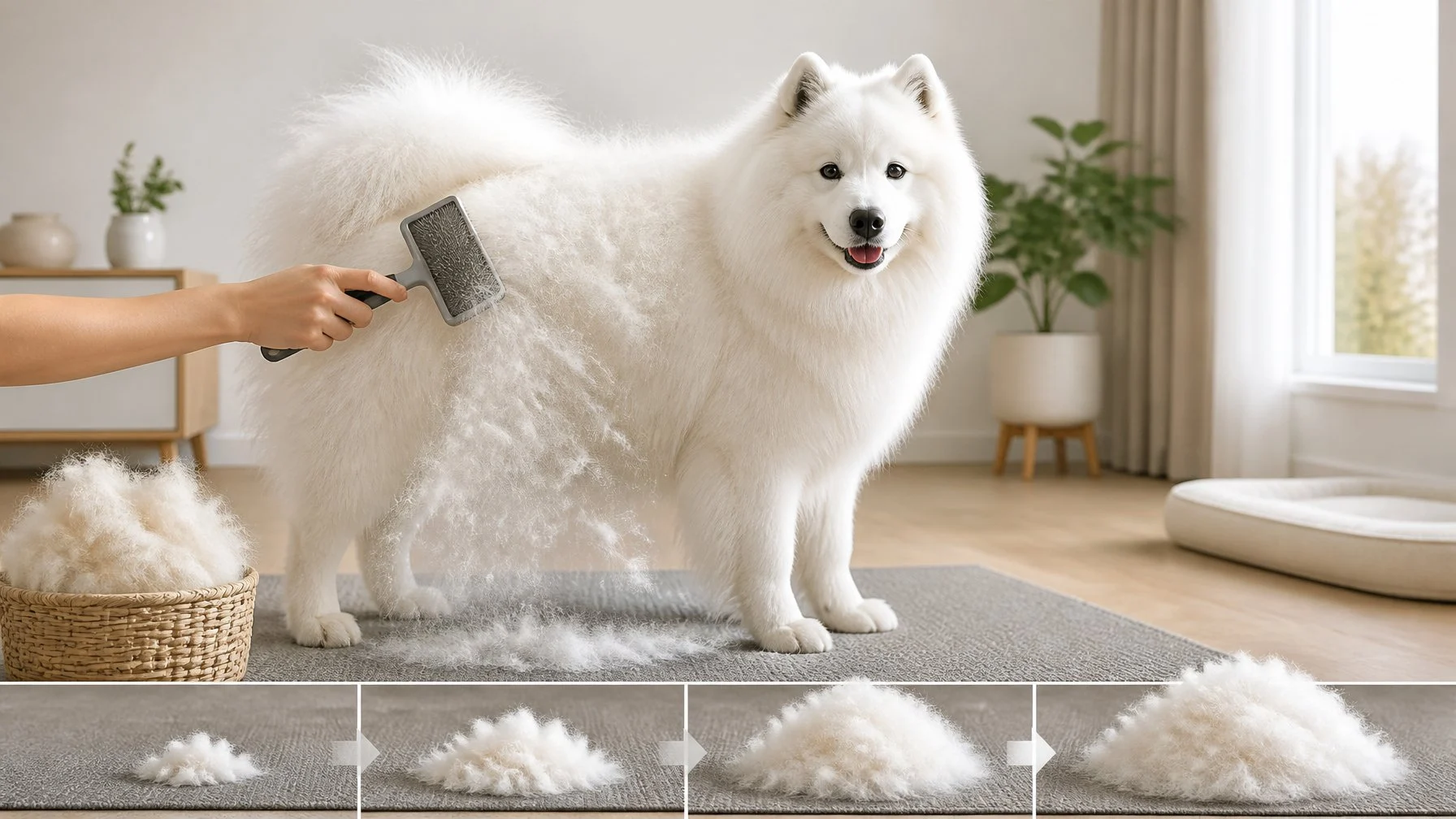 A fluffy Samoyed is gently brushed while a large amount of white undercoat collects nearby.