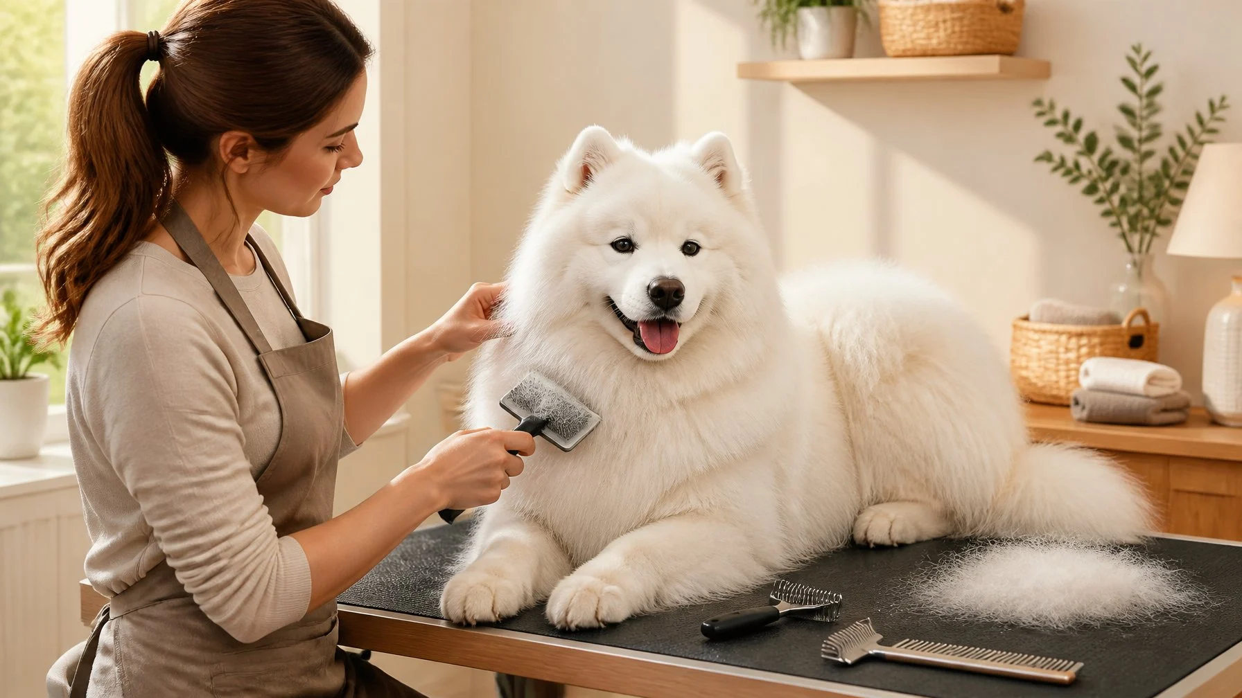 A groomer gently brushes a fluffy Samoyed while loose white fur gathers on a grooming mat.