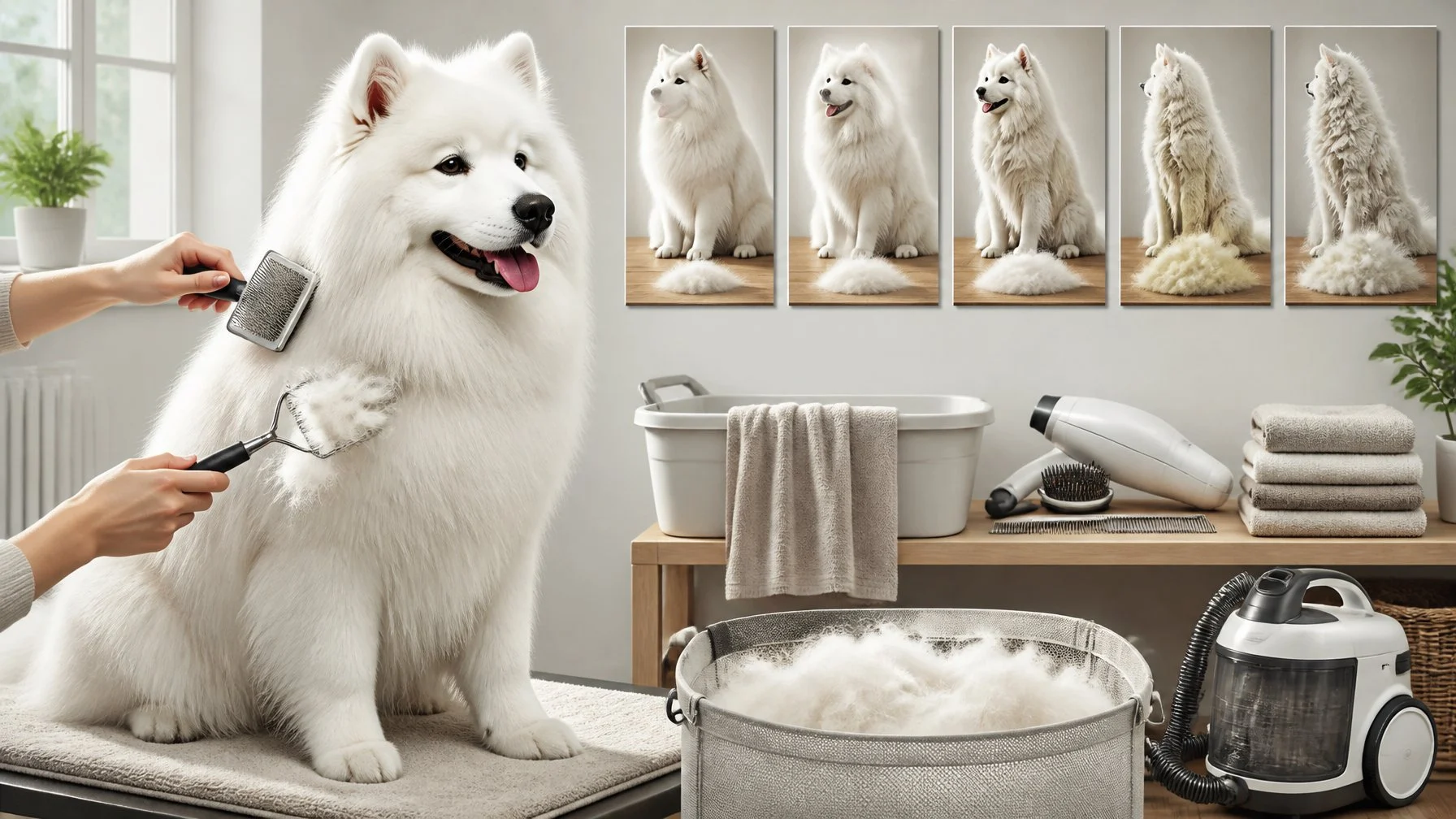 A fluffy Samoyed is gently brushed in a clean home grooming area while loose fur is collected nearby.