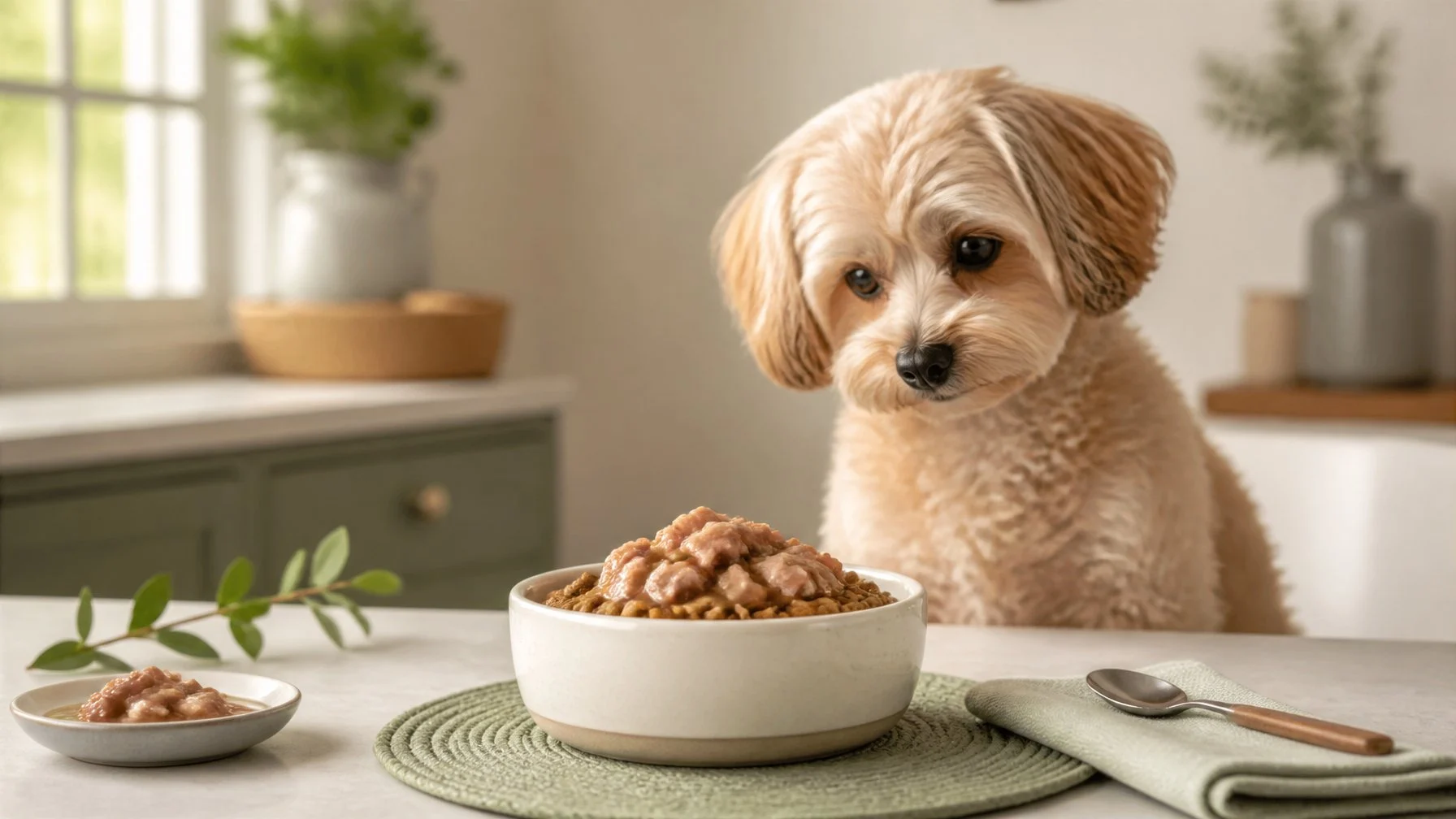 A small dog looks curiously at a bowl of wet food while a person adds a topper.