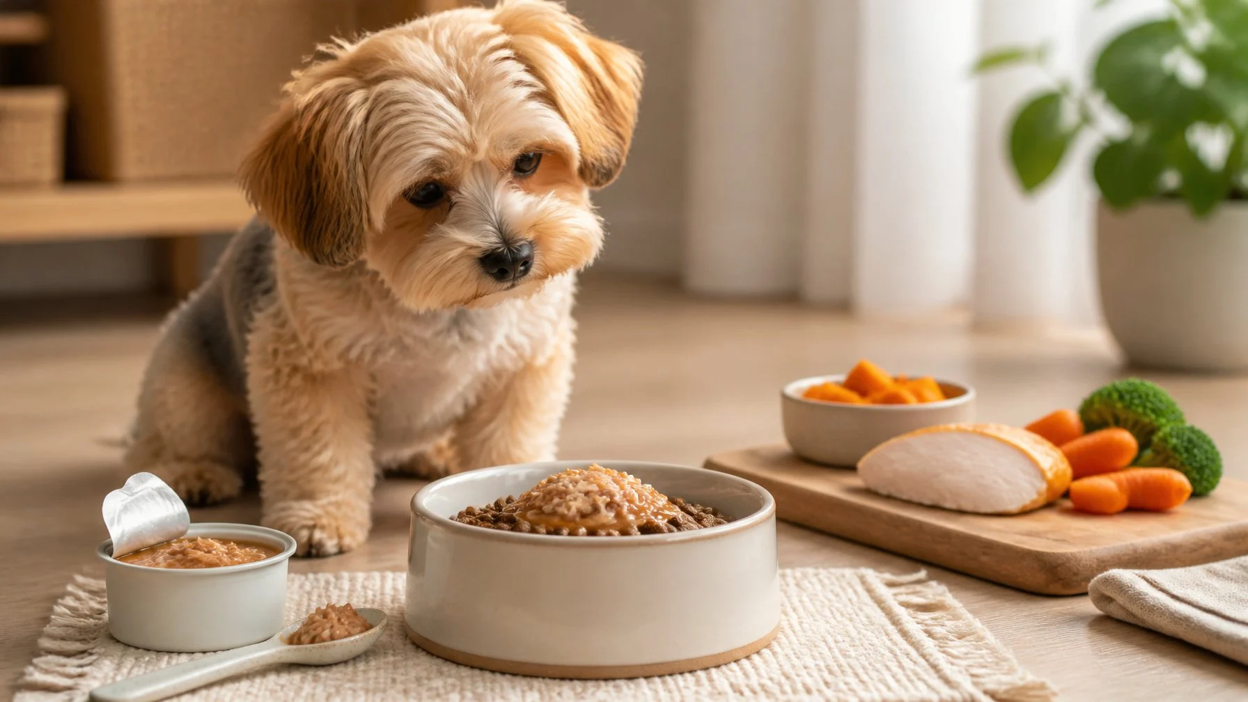 A small dog looks interested in a bowl of kibble topped with moist food.