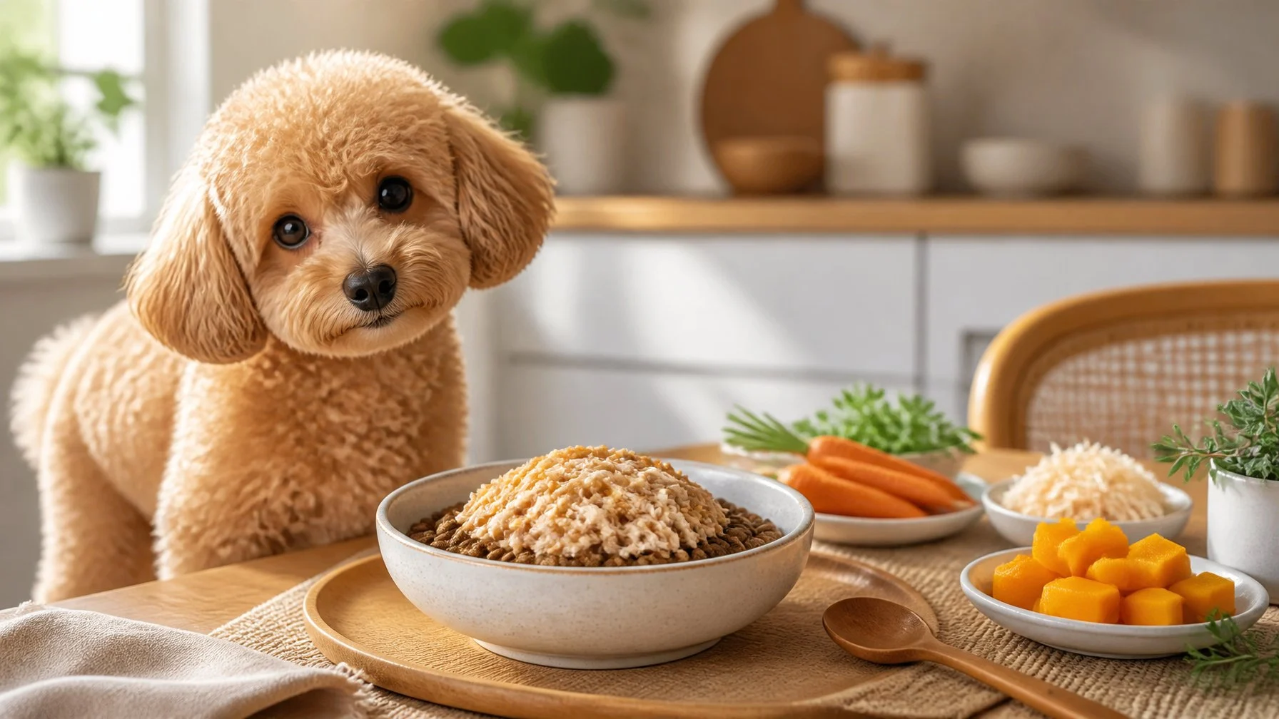 A small dog looks attentively at a bowl of kibble topped with wet food beside fresh ingredients.