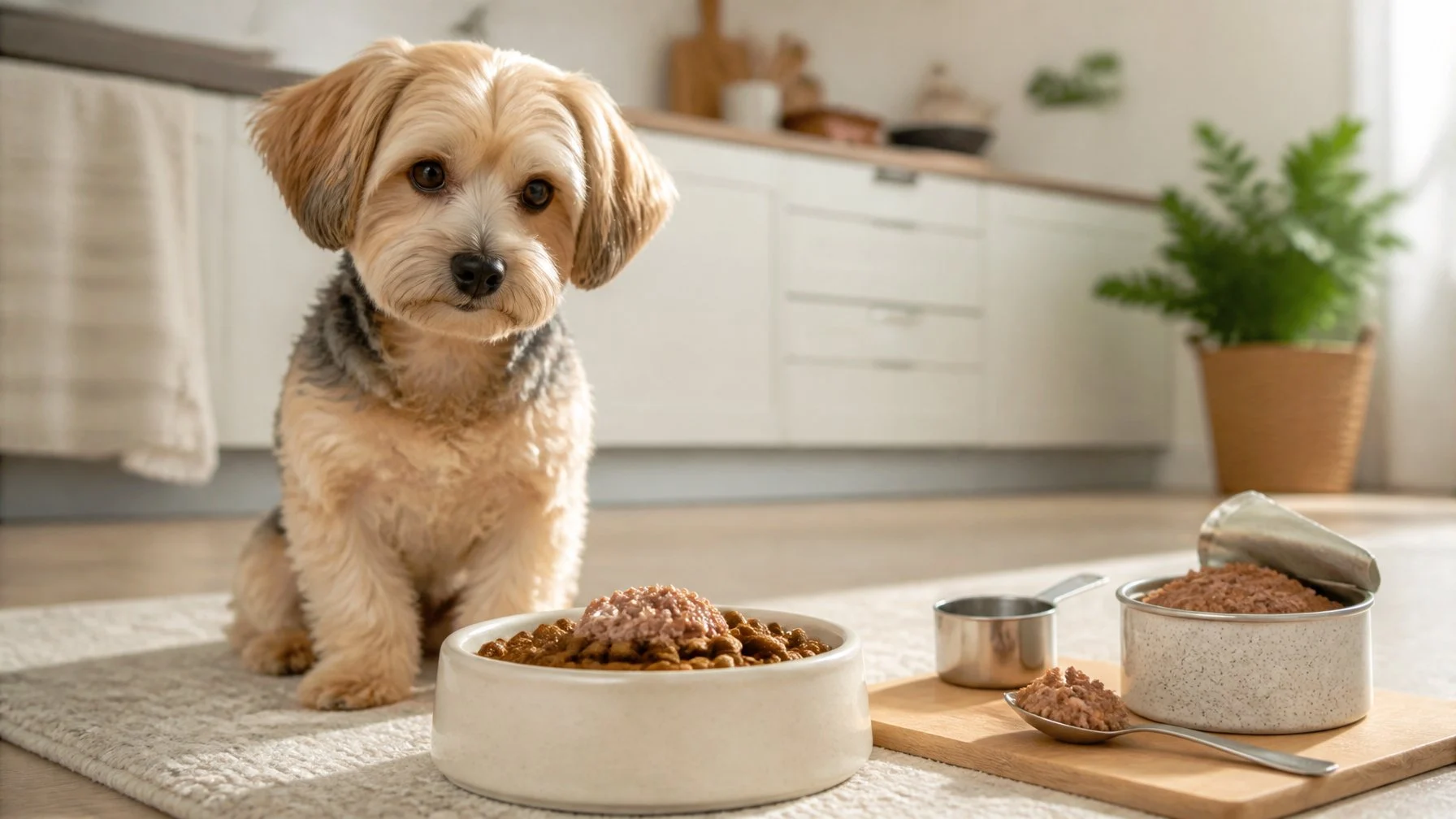 A small dog sits beside a bowl of dry food topped with a modest portion of wet food, with serving utensils nearby.