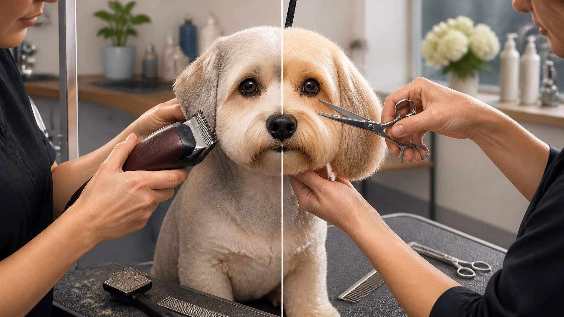 A groomer safely compares using clippers and scissors to trim a calm dog’s face.