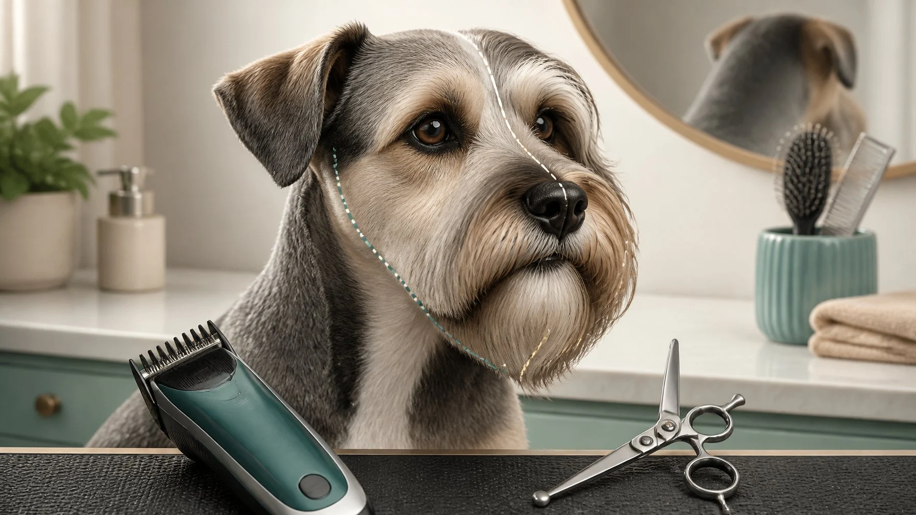 A groomed dog at a grooming station beside electric clippers and scissors, with its facial coat clearly visible.