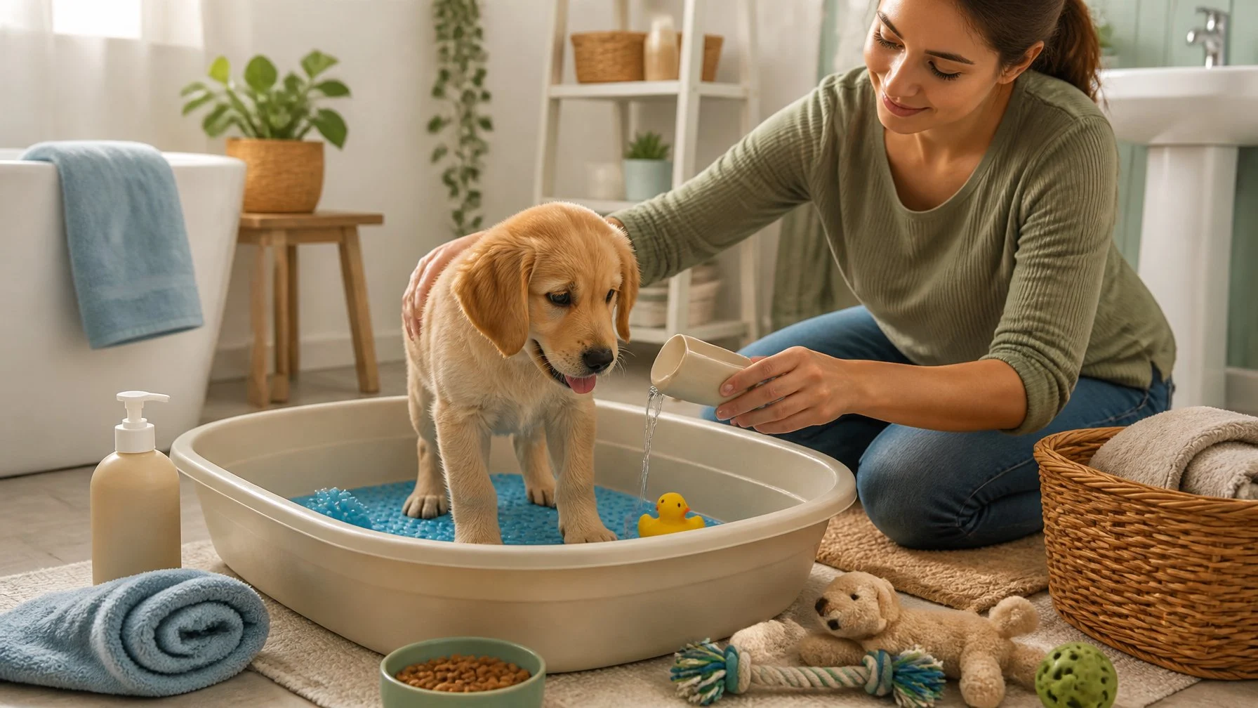 A person gently introduces a curious puppy to a shallow bathtub with a non-slip mat, toys, treats, and warm water.