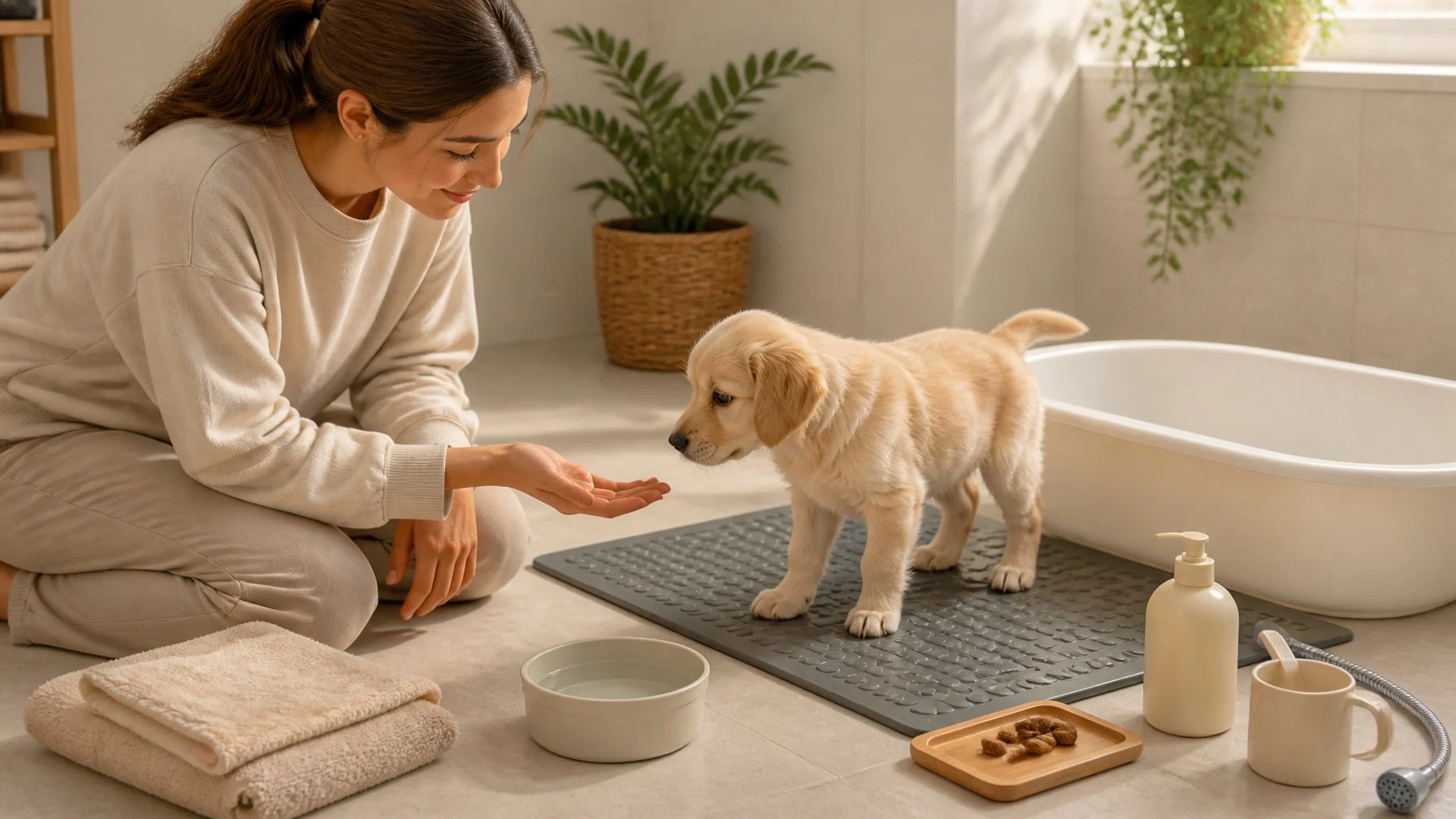 A calm puppy stands on a non-slip mat beside a shallow bath while a caregiver gently prepares the area.