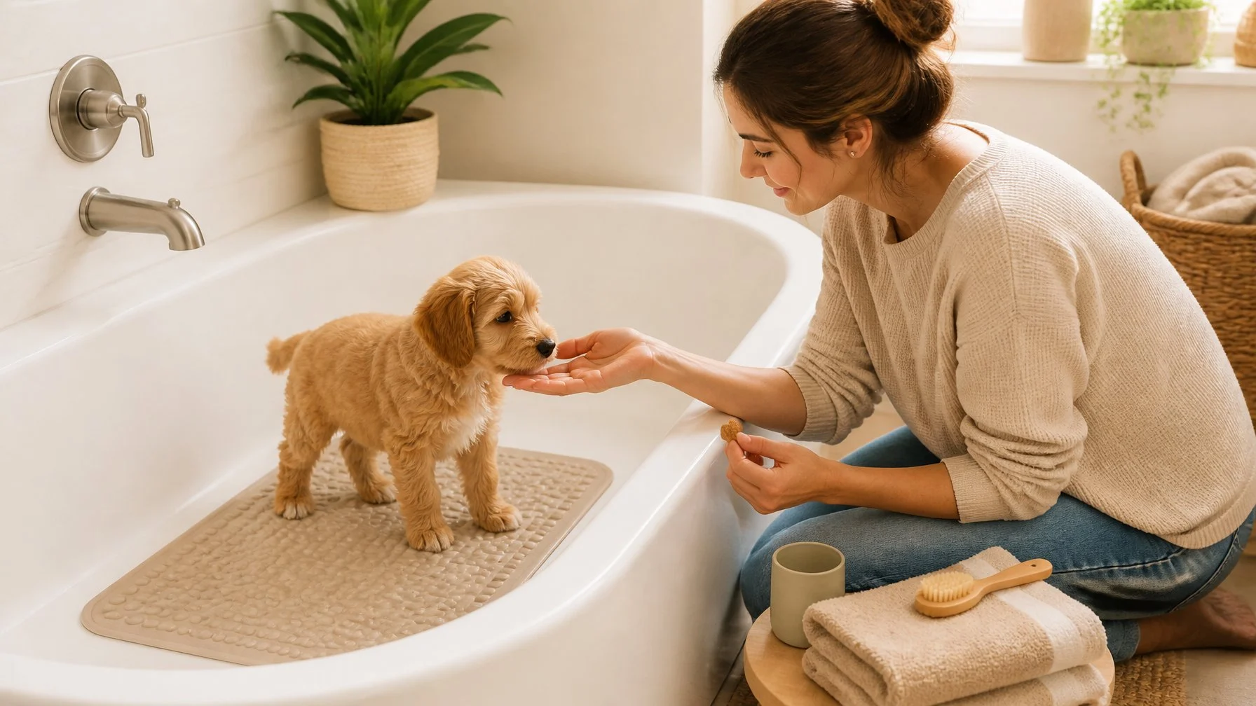 A relaxed puppy explores a dry bathtub while a caregiver offers reassurance and a treat.