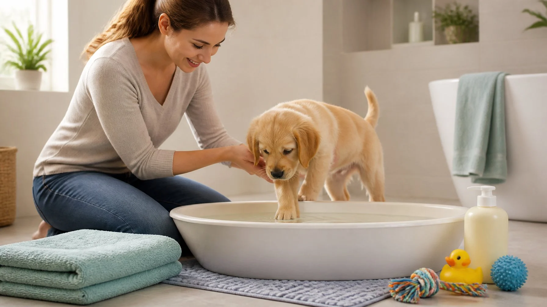 A person gently introduces a curious puppy to a shallow bath in a calm bathroom.