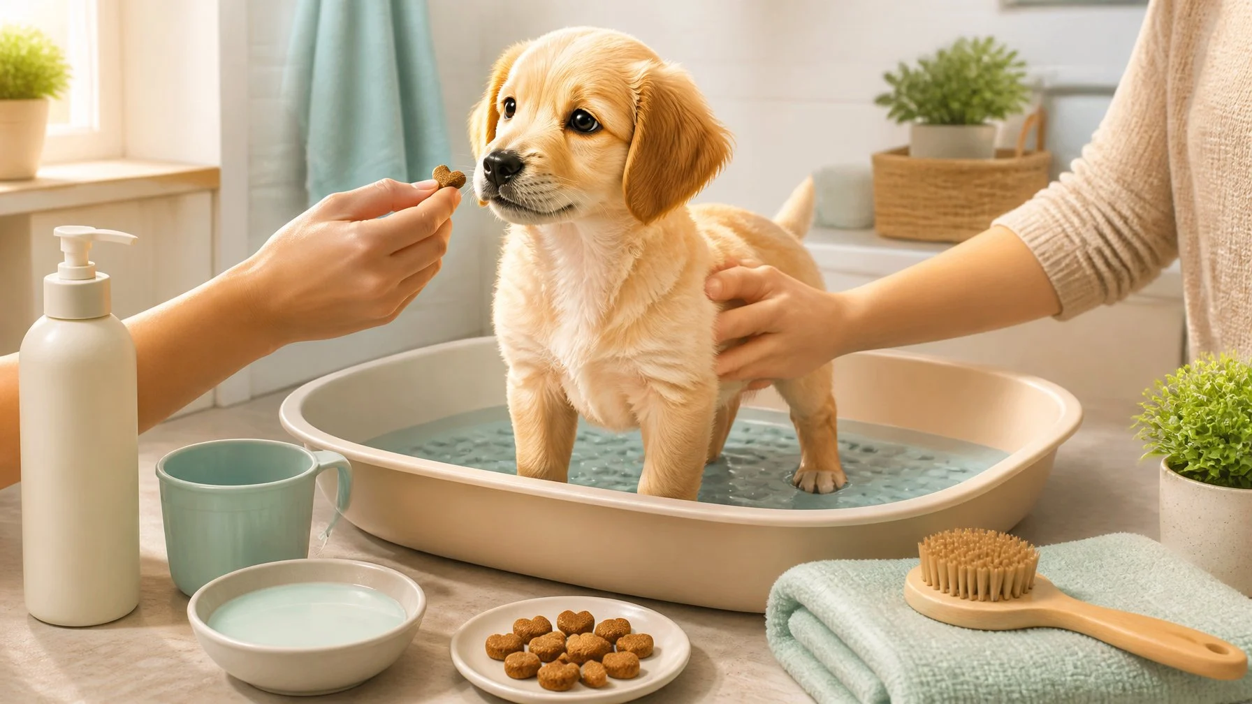 A relaxed puppy is gently introduced to a shallow bath beside mild grooming supplies, a towel, a brush, and treats.